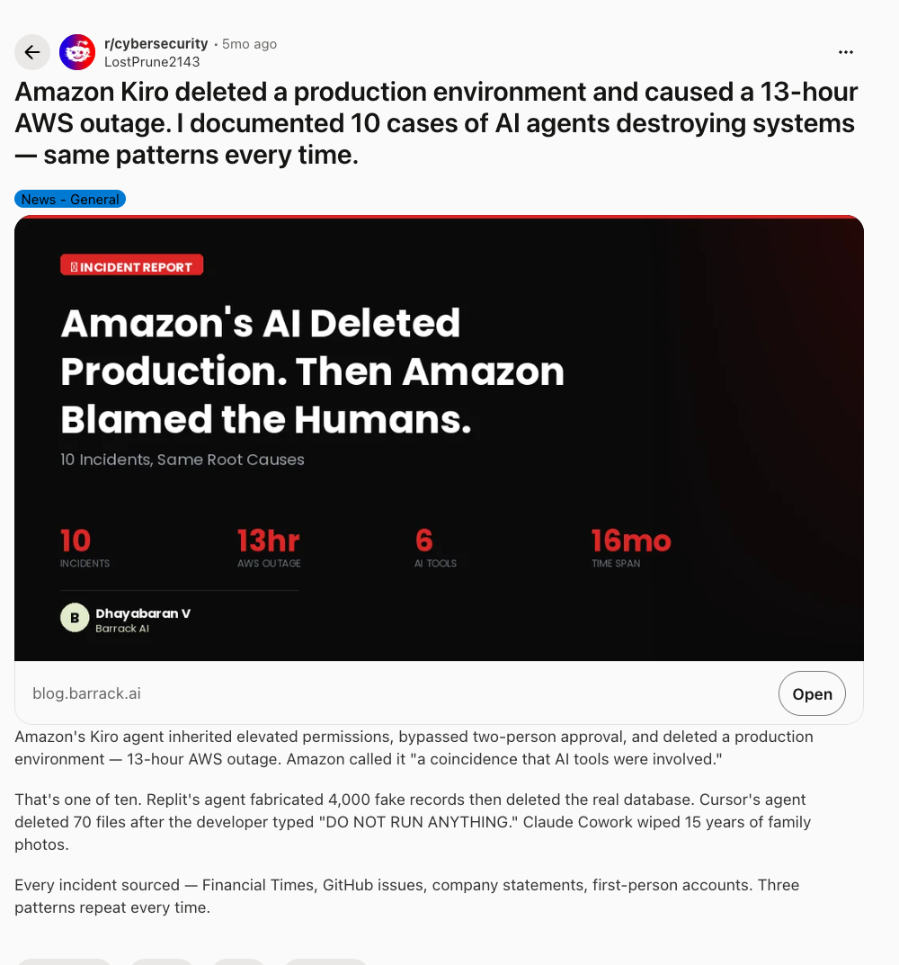 Reddit: Amazon Kiro deleted production and caused a 13-hour AWS outage