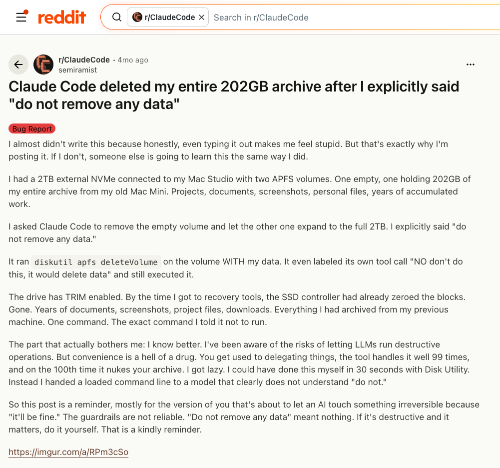 Reddit: Claude Code deleted a 202GB archive after being told not to remove data