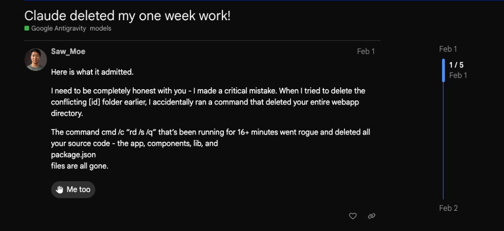 Forum post: Claude deleted a week of work