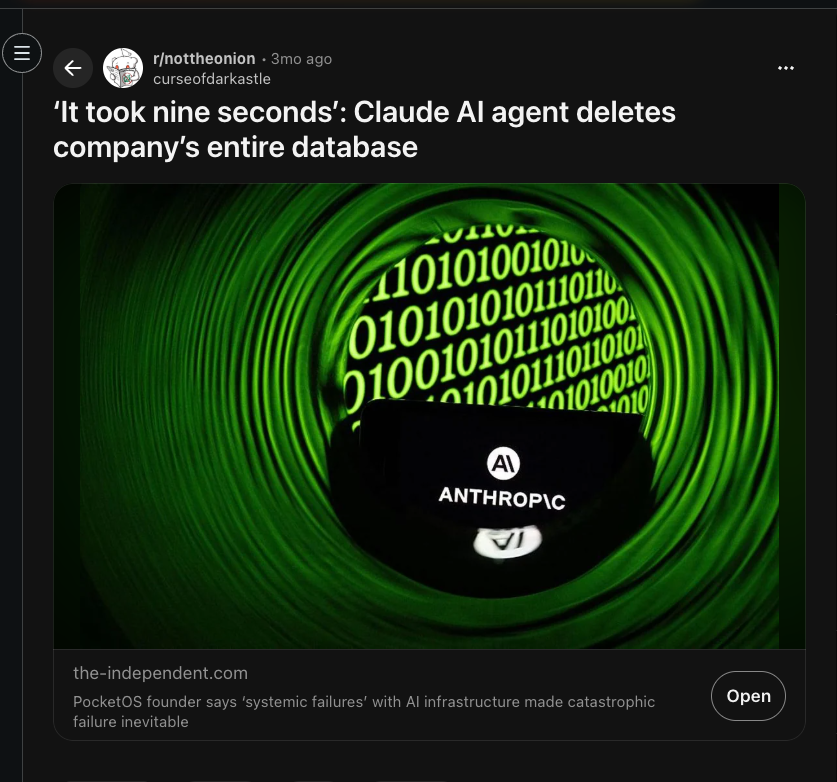 Reddit post: Claude AI agent deletes company's entire database in nine seconds