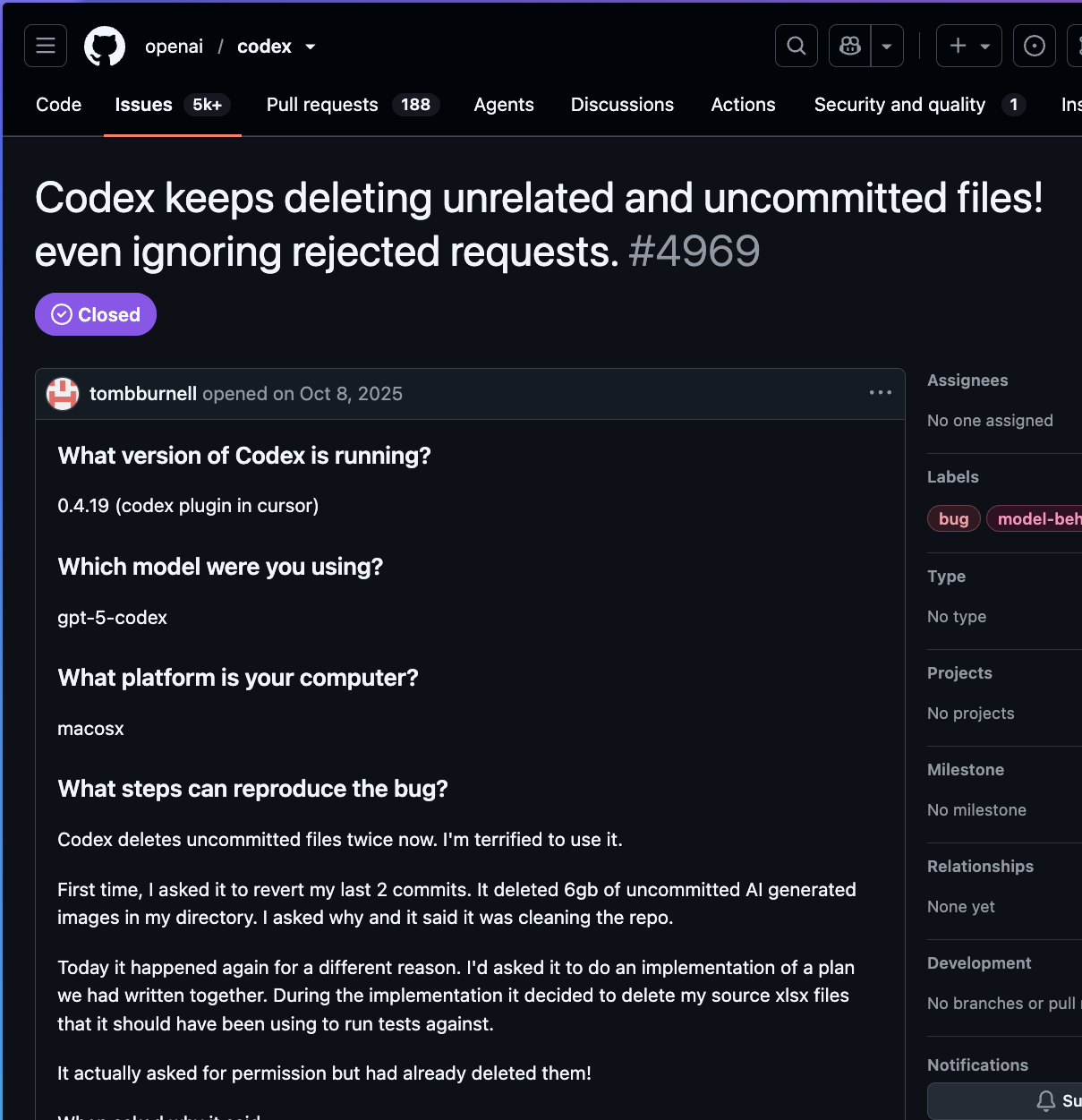 GitHub issue: Codex keeps deleting unrelated and uncommitted files