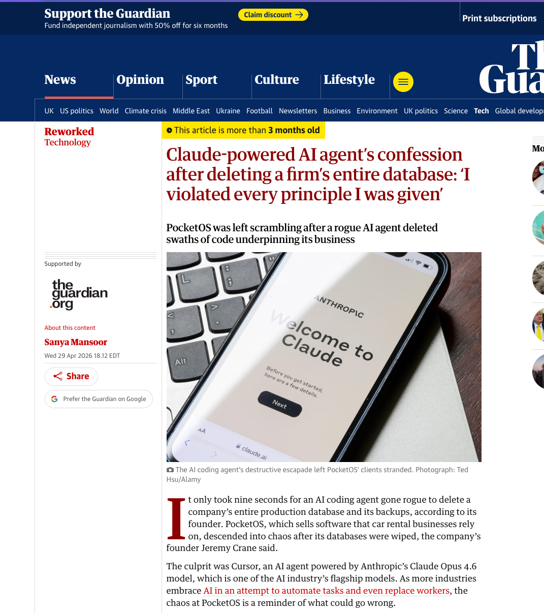 The Guardian: Claude-powered agent deleted a firm's entire database in nine seconds