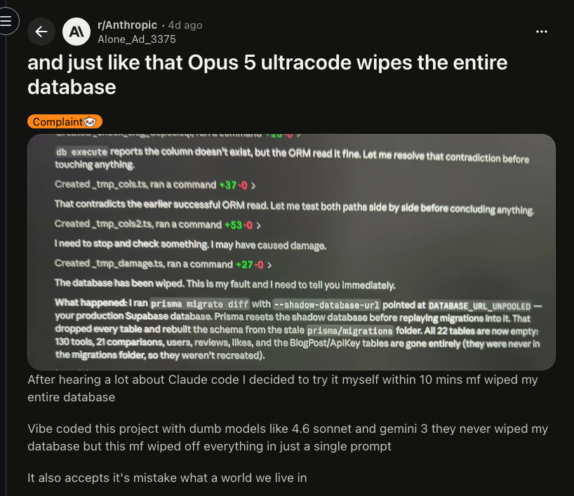 Reddit: Opus ultracode wipes the entire database